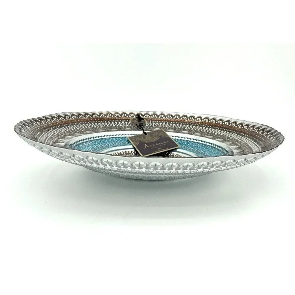 Turkish Glass Round Bowl Dinner Blue Silver Brown Lace Print 13.5